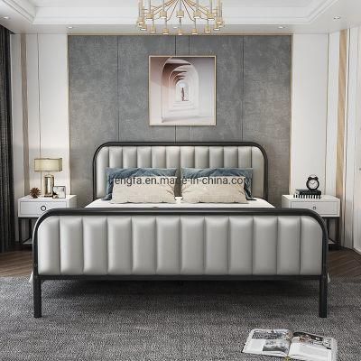 Modern Bedroom Furniture Leather Cushion Full Size Iron Bed