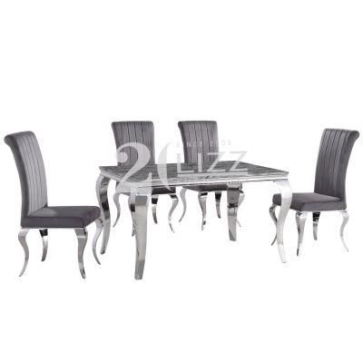 Direct Sale Contemporary Style Home Furniture Marble Metal Dining Table Set with Silver Stainless Steel Leg