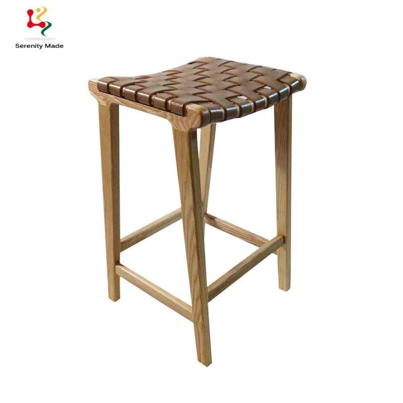 New Arrival Country Style Micro Fiber Leather Strap Woven Seat Restaurant Natural Tan Bar Wooden Bar Stool