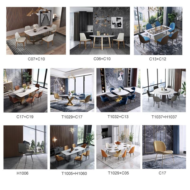 Home Restaurant Furniture Kitchen Dining Room Set Marble Dining Table with Leather Chairs