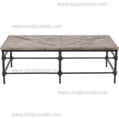 Antique Nordic Country Style Furniture White Reclaimed Elm Panel with Black Round Iron Metal Double Fixed Coffee Table
