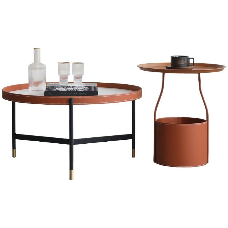 Leather Furniture Orange Marble Rock Plate Coffee Table Set