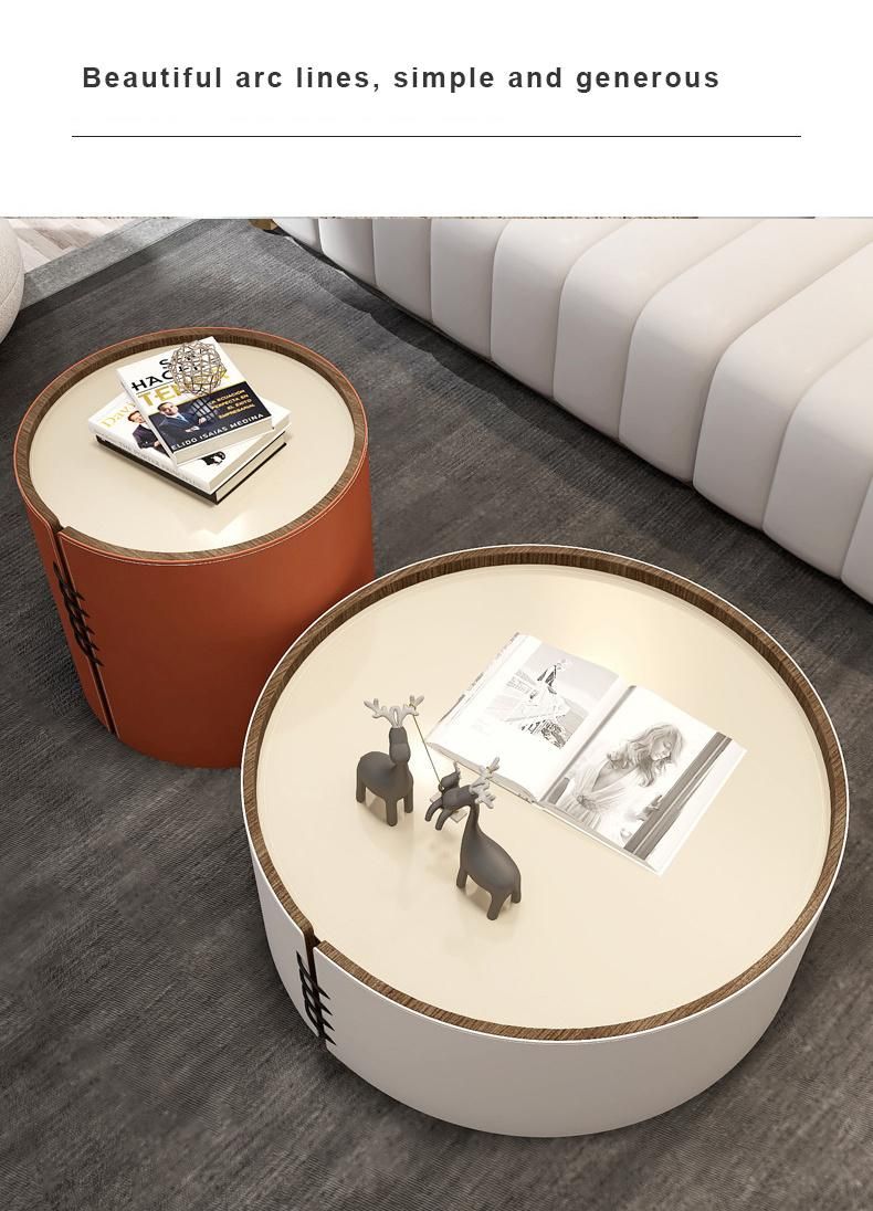 Home Furniture Orange Leather Marble Rock Plate Coffee Table Set