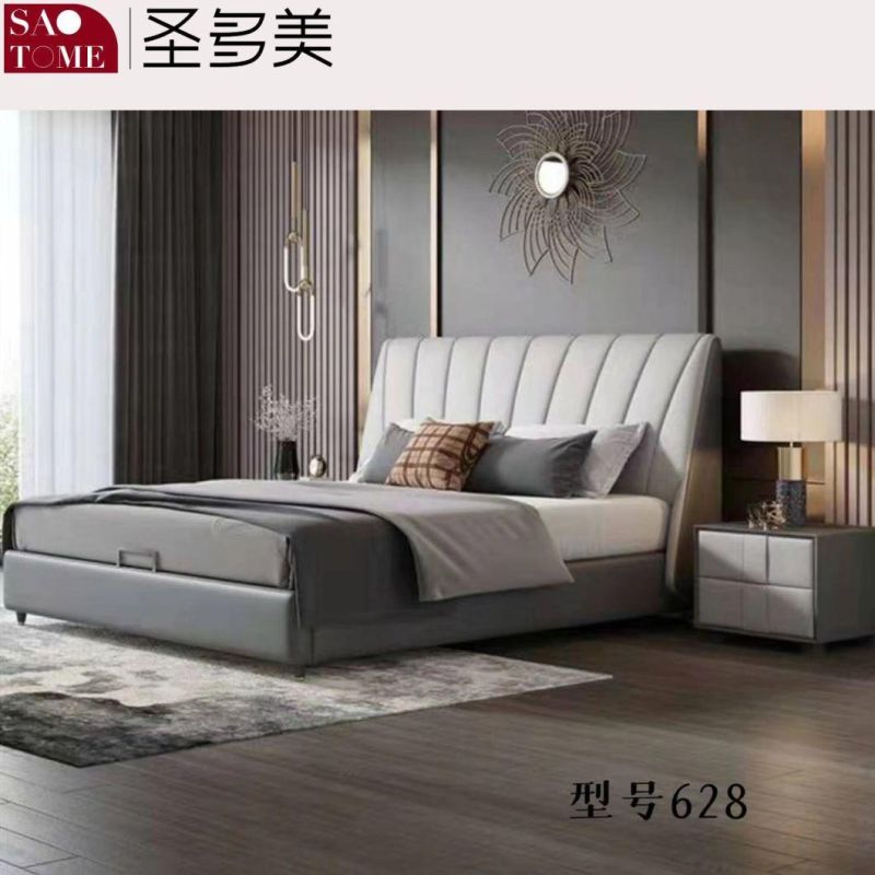 Modern Bedroom Furniture off-White with Dark Grey Leather and Solid Wood Frame Double Bed
