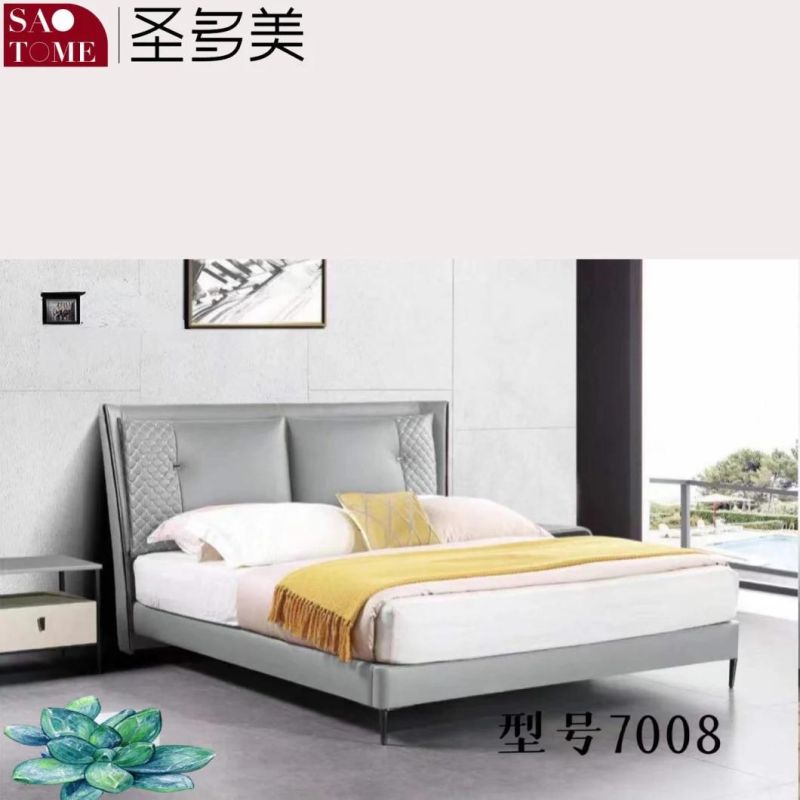 Modern Bedroom Furniture off-White Leather Russian Imported Larch Solid Wood Board Double Bed