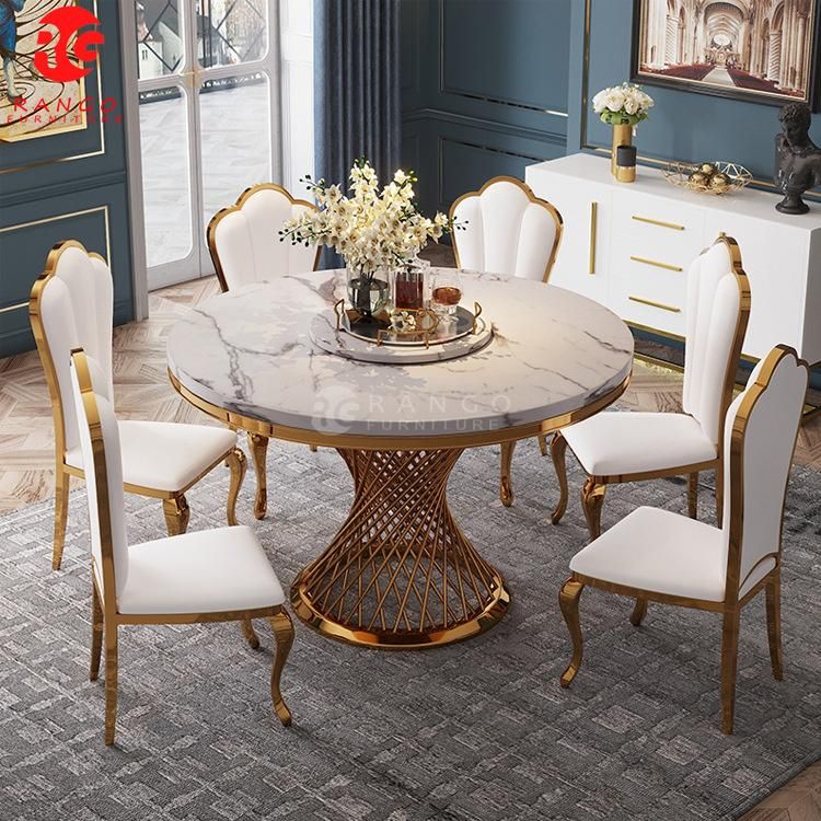 Golden Stainless Steel Marble Top Round Shape Roating Top Luxury Wholesale Dining Table with Leather Dining Chairs