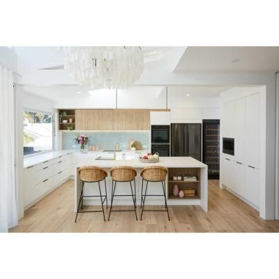 Neat Home Warm White Lacquered Kitchen Cabinets with Brass Bronze Leather Like Handles