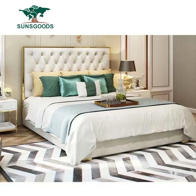 Psc- (66) Modern Sleeping Latest Design Double Queen King Size Hotel Bedroom Furniture Set Upholstered Genuine Leather Bed Frame