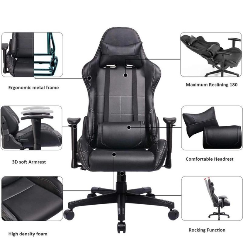 Black Massage Lumbar Office Gaming Chair with Footrest