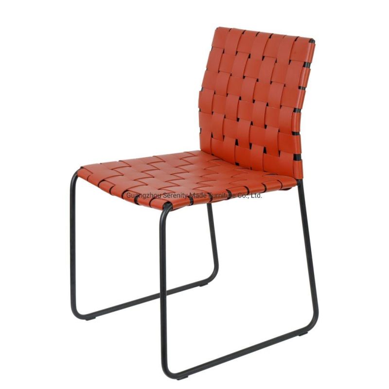 Modern Design Stackable Woven Leather Metal Legs Dining Chair