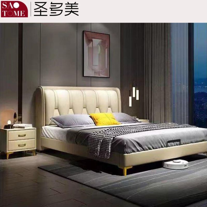 Modern Luxury Hotel Bedroom Furniture Champagne Leather Double Bed