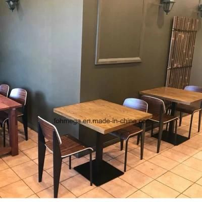 Dark Color Wood Veneer Restaurant Dining Table with Black Powder Coated Leg Table Chair Set