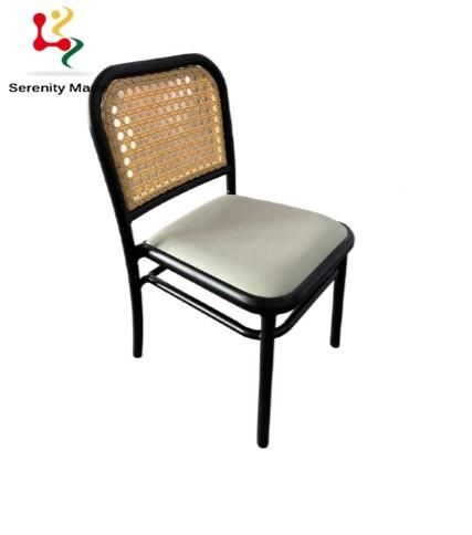 Wholesale Simple Wooden Frame Commercial Restaurant Hotel Rattan Cane Back PU Leather Seat Indoor Dining Chair