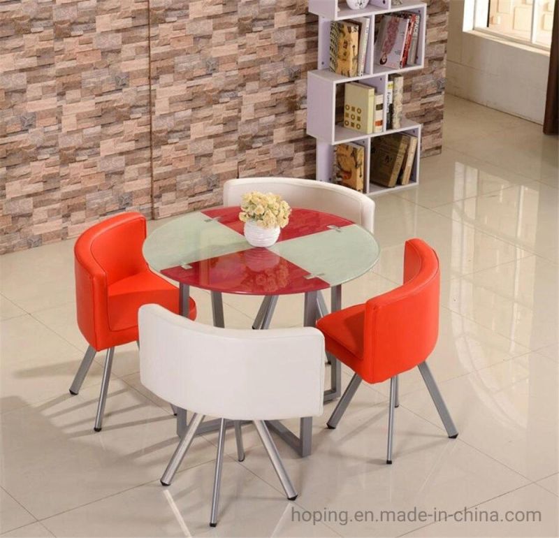 Two Layer Glass Top Dining Table PU Leather Chair Coffee House Square Round Shape Table Set with 4 Chairs