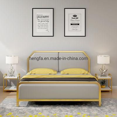 Factory Manufacture Genuine Leather Cushion Headboard Metal Square Bedroom Bed