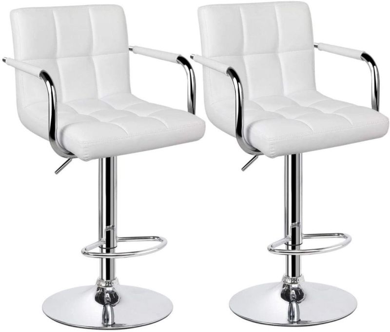 Chair Bar Stools Modern Square PU Leather Adjustable Barstools with Arms and Back Bar Chairs 360° Swivel Stool White