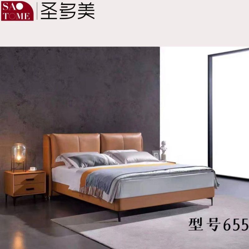 Modern Solid Wood Furniture Bedroom Hotel Furniture Hermes Orange Leather Double King Bed