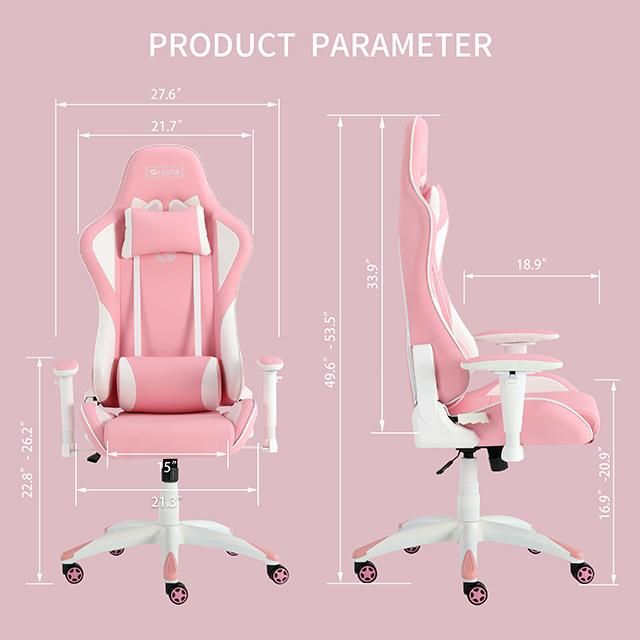 2D Ergonomic Metal Frame Pink 160 Adjustable Moulded Foam Sillas Gamer Gaming Chair with Lumbar Support