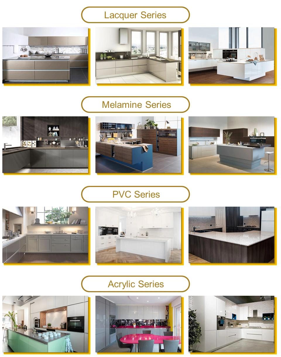 China Bespoke MDF Laminate L Shaped Kitchen Cabinets Wholesale Wall Hanging Kitchen Pantry Cabinets with Bar Table