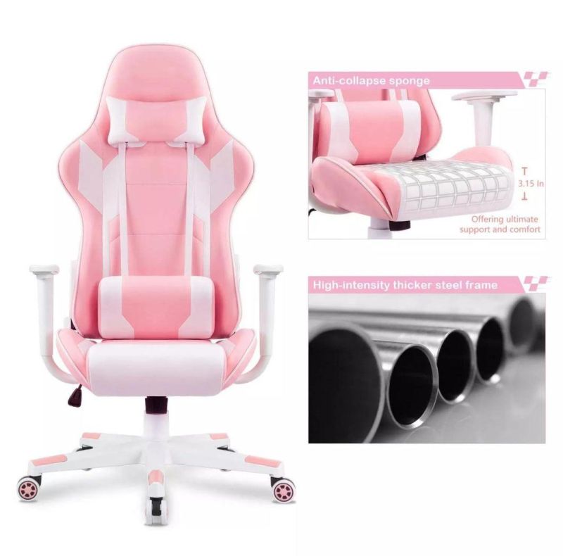 High Back Ergonomic Swivel Leather PC Computer Pink Gamer Gaming Chairs with Footrest for Home Office