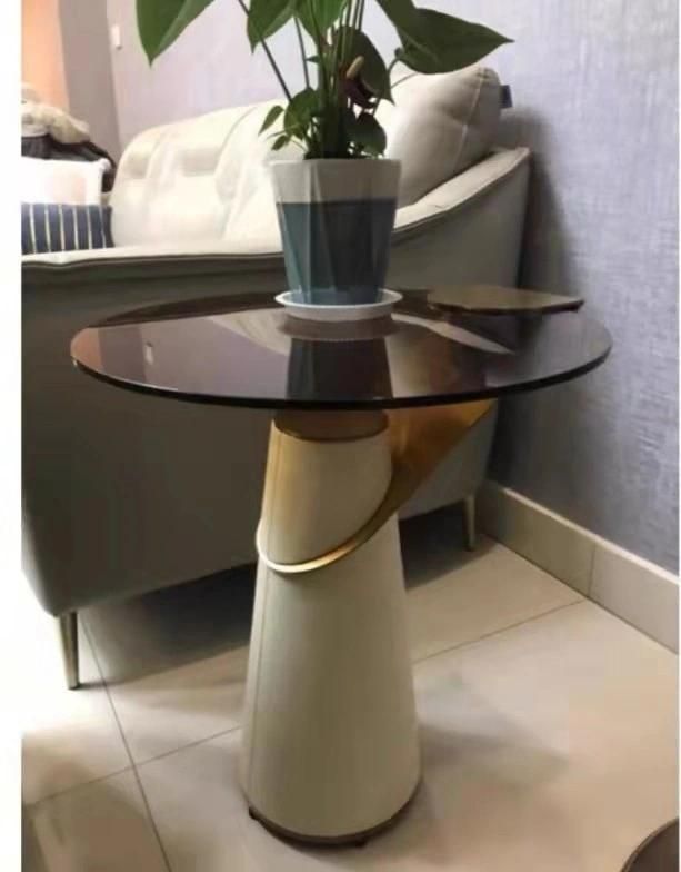 Stainless Steel Furniture PU Leather Glass Top Coffee Table