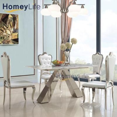 Rectangular White High Gloss Marble and Stainless Steel Dining Table