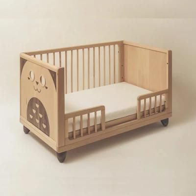 Height Adjustable Cartoon Style Infant Wooden Bed Paint-Free Baby Playpen Crib
