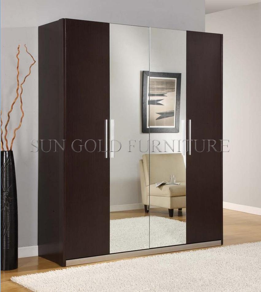 Modern Home Wooden Bedroom Furniture Swing Mirror Door Wardrobe