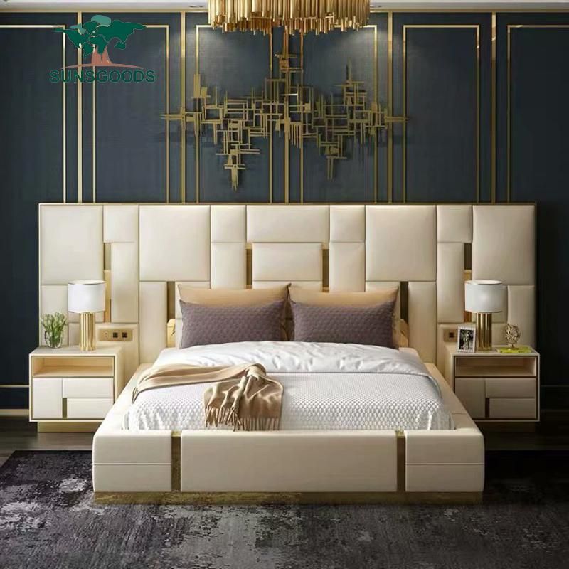 Psc- (66) Modern Sleeping Latest Design Double Queen King Size Hotel Bedroom Furniture Set Upholstered Genuine Leather Bed Frame