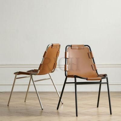Restaurant Dining Chair Metal Legs Italian Modern Saddle Leather Dining Chair