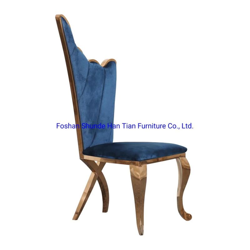 One Couple Stainless Steel Wing High Back Blue Cloth Modern Dining Chair