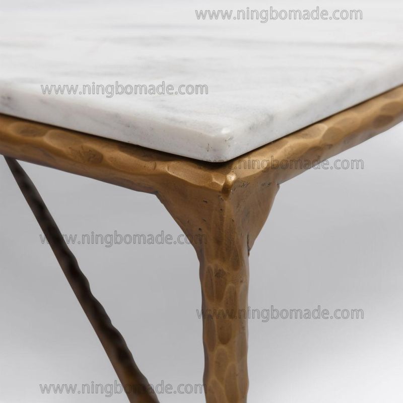 Rustic Hand Hammered Collection Furniture Forged Solid Iron Metal with Brass Color Thick Nature White Cloud Marble Rectangle Coffee Table