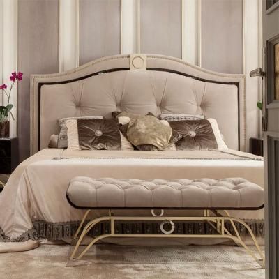 Modern Bedroom Furniture Luxury Gold Frame Leather Fabric Top King Size Queen Size Bed with Big Backboard