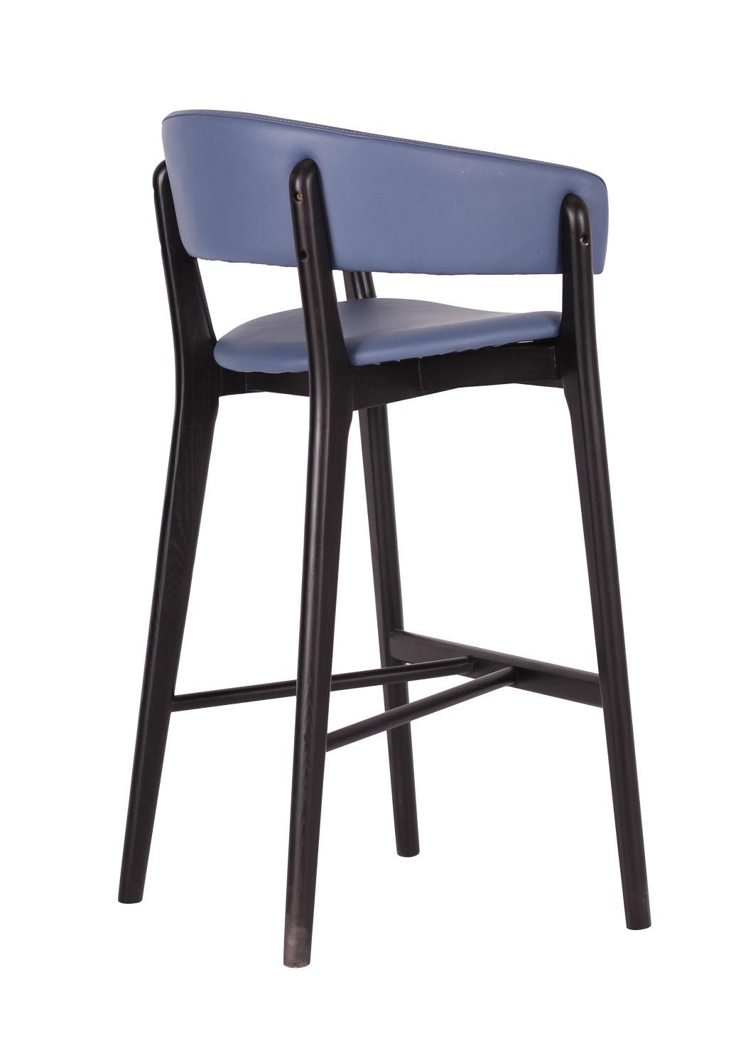 Light Purple PU Leather Seat Black Wooden Legs High Bar Stool for Coffee Shop Use