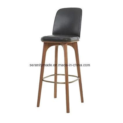 Vintage Black Leather Armless Wood Bar Chair Stool for Club