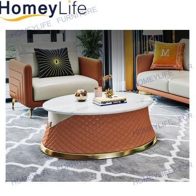 Premium Design Brown Leather Stainless Steel Gilded Marble Coffee Table