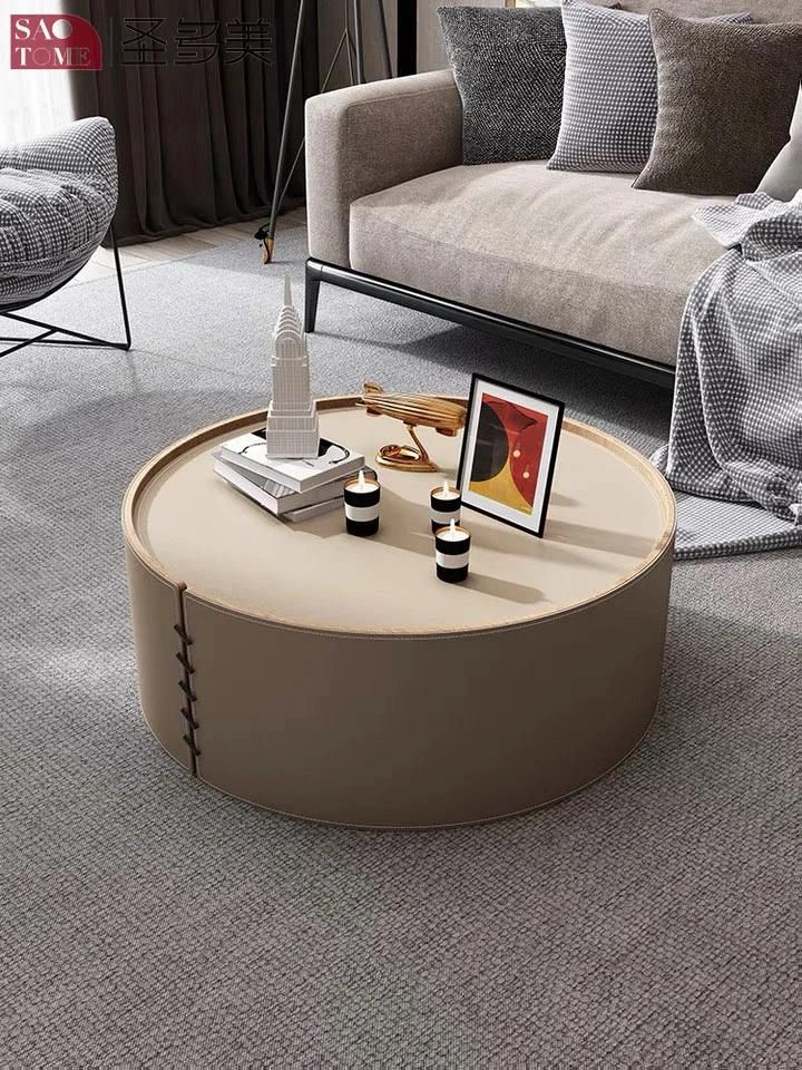Vintage Style Circular Leather Trim Round Coffee Table