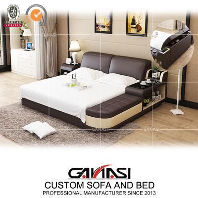 Hotel Furniture Italian Stylish Genuine Leather Bed Set with Night Stand