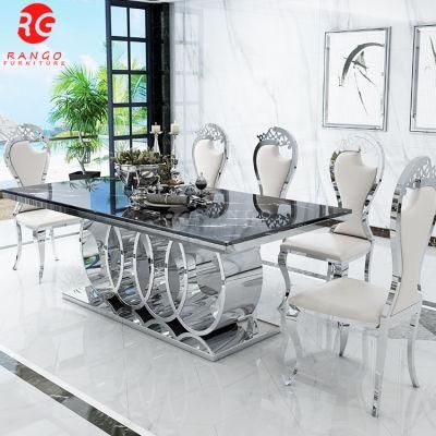 Foshan Factory Stainless Steel Marble Top Dining Table Sets and 6 Chairs Leather Chairs