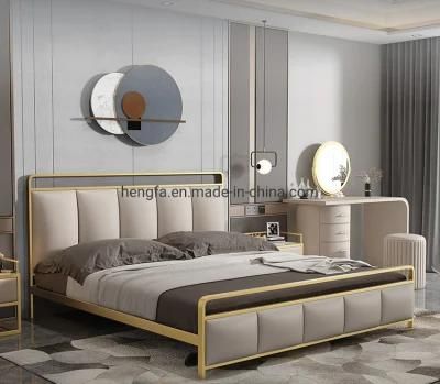 Modern Hotel Bedroom Furniture Leather Upholstered Iron Bed