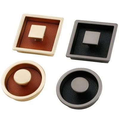 Zinc Alloy + Leather mm Cabinets Dresser Drawer Pearl Black Brushed Brass Luxury Round Square Decorative Knobs Handles Pulls