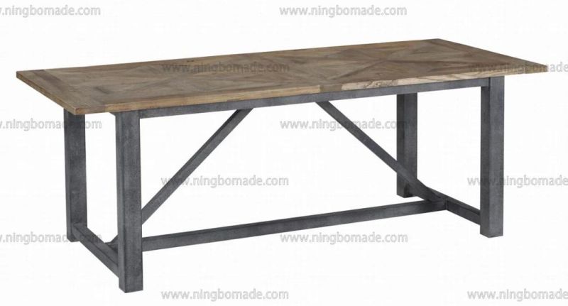 Antique Nordic Country Style Storage Pine Natural Reclaimed Elm with Grey Iron Metal Fixed Coffee Dining Table