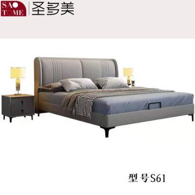 Hotel Bedroom Furniture Kaki Color Leather Solid Wood Frame Double Bed