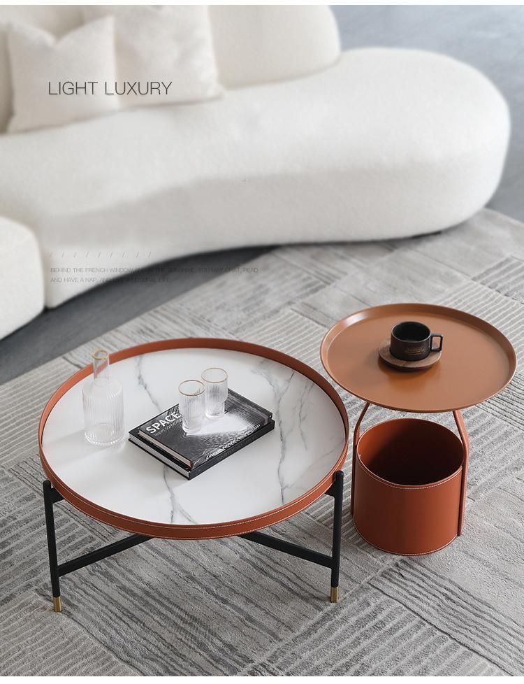 Leather Furniture Orange Marble Rock Plate Coffee Table Set