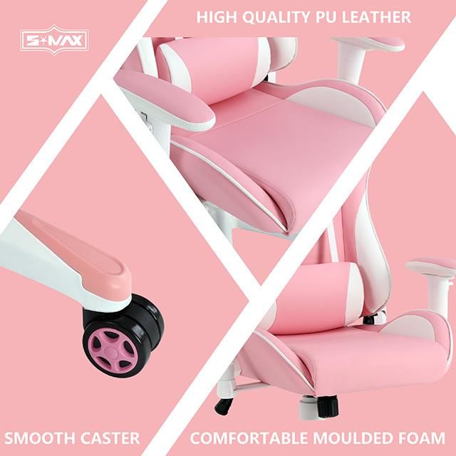 2D Ergonomic Metal Frame Pink 160 Adjustable Moulded Foam Sillas Gamer Gaming Chair with Lumbar Support