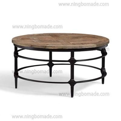 Grained Mosaic Parquet Furniture Natural Reclaimed Elm Top Rustic Black Iron Base Round Coffee Table