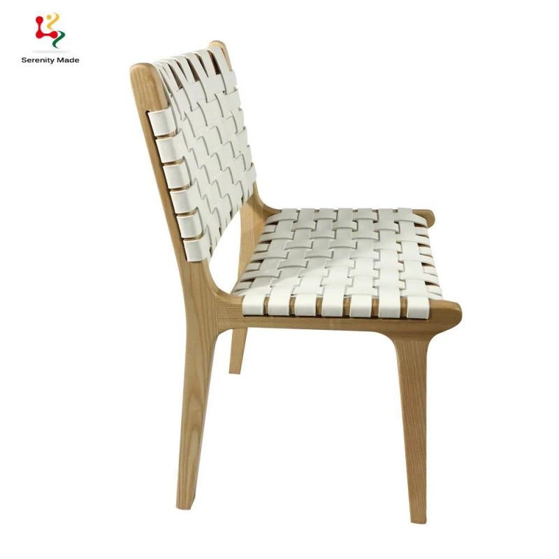 New Arrival Country Style Micro Fiber Leather Strap Woven Seat Restaurant White Bar Dining Chair