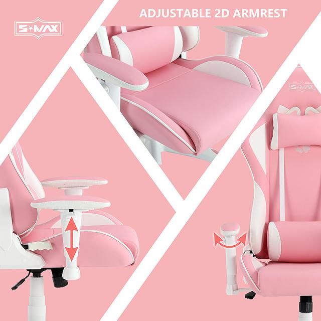 2D Ergonomic Metal Frame Pink 160 Adjustable Moulded Foam Sillas Gamer Gaming Chair with Lumbar Support