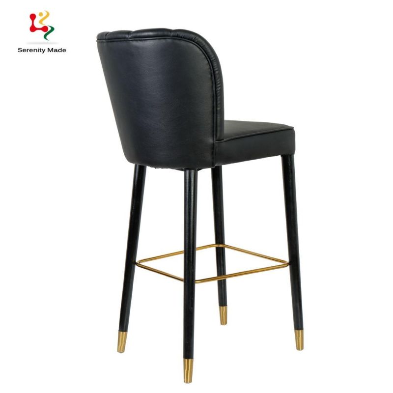 Simplicity European Style Black Leather Upholstery Bar Stool with Brass Footrest