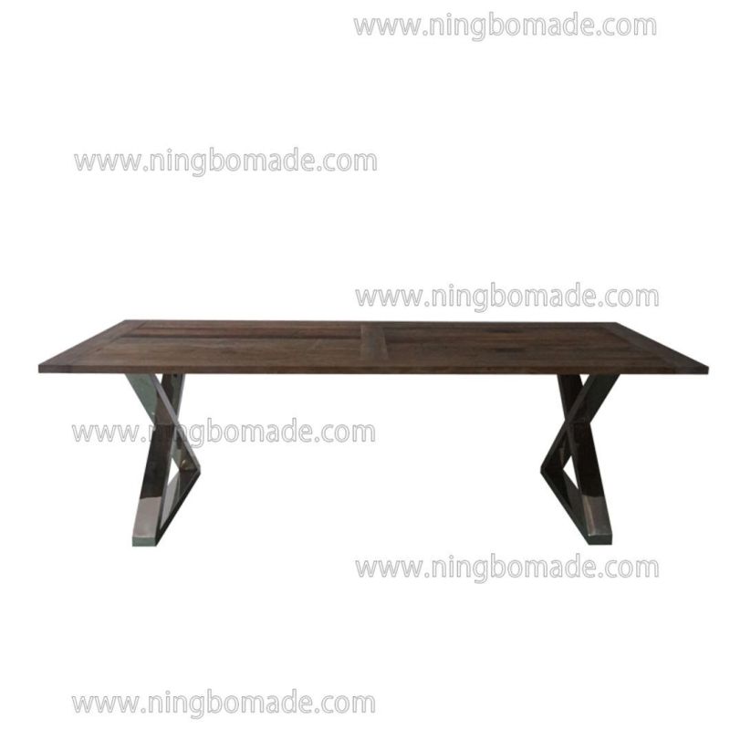 French Classic Provincial Vintage Furniture Natural Reclaimed Elm and Shining Stainless Base Crossing Dining Table